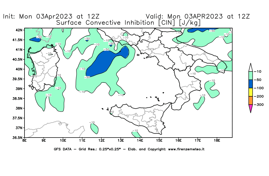 Mappa di analisi GFS - CIN [J/kg] in Sud-Italia
							del 03/04/2023 12 <!--googleoff: index-->UTC<!--googleon: index-->