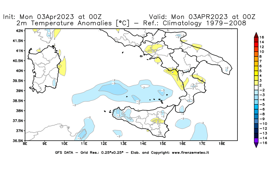 Mappa di analisi GFS - Anomalia Temperatura [°C] a 2 m in Sud-Italia
							del 03/04/2023 00 <!--googleoff: index-->UTC<!--googleon: index-->
