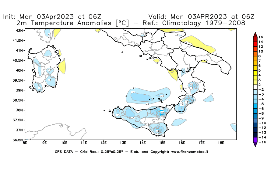Mappa di analisi GFS - Anomalia Temperatura [°C] a 2 m in Sud-Italia
							del 03/04/2023 06 <!--googleoff: index-->UTC<!--googleon: index-->