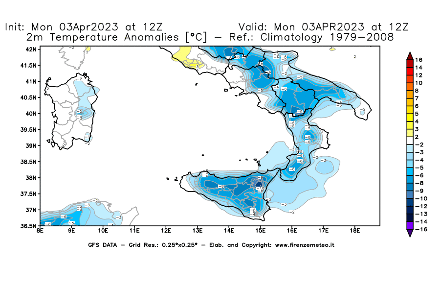 Mappa di analisi GFS - Anomalia Temperatura [°C] a 2 m in Sud-Italia
							del 03/04/2023 12 <!--googleoff: index-->UTC<!--googleon: index-->