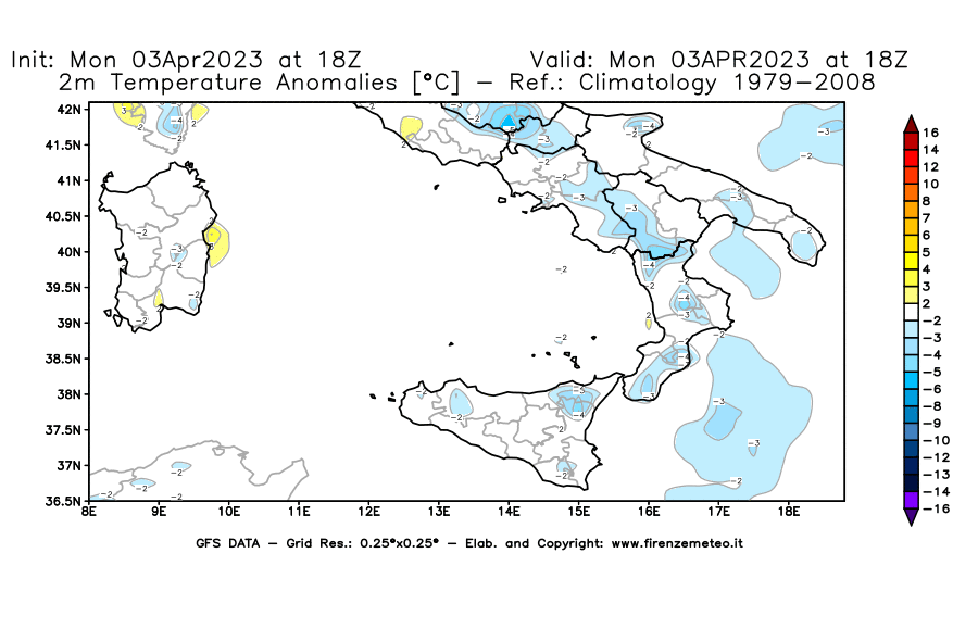 Mappa di analisi GFS - Anomalia Temperatura [°C] a 2 m in Sud-Italia
							del 03/04/2023 18 <!--googleoff: index-->UTC<!--googleon: index-->