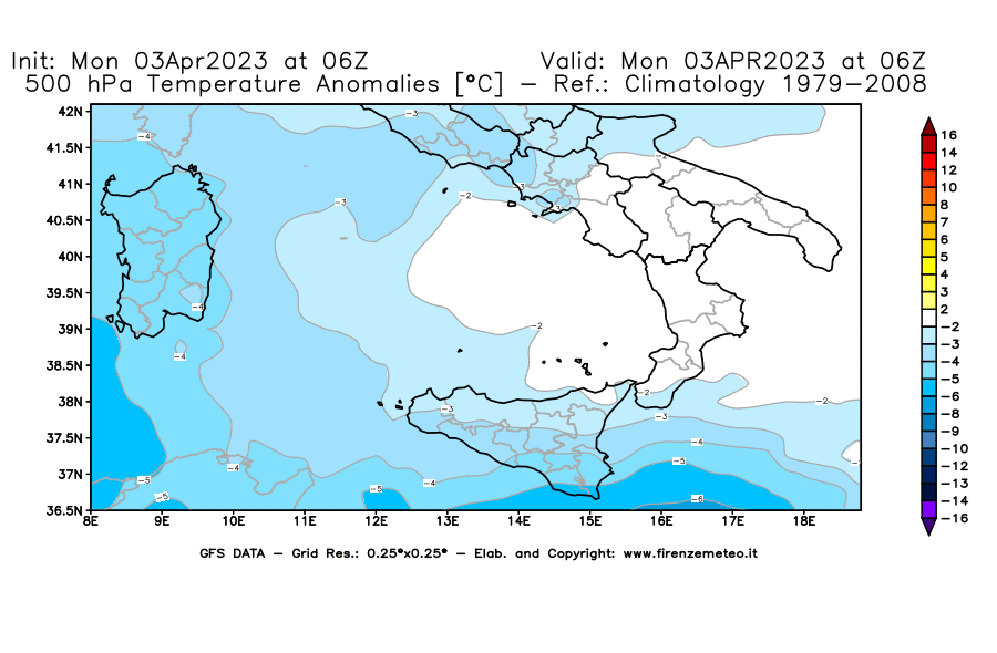 Mappa di analisi GFS - Anomalia Temperatura [°C] a 500 hPa in Sud-Italia
							del 03/04/2023 06 <!--googleoff: index-->UTC<!--googleon: index-->