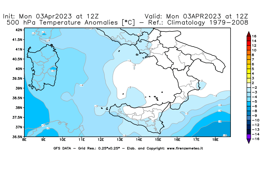 Mappa di analisi GFS - Anomalia Temperatura [°C] a 500 hPa in Sud-Italia
							del 03/04/2023 12 <!--googleoff: index-->UTC<!--googleon: index-->