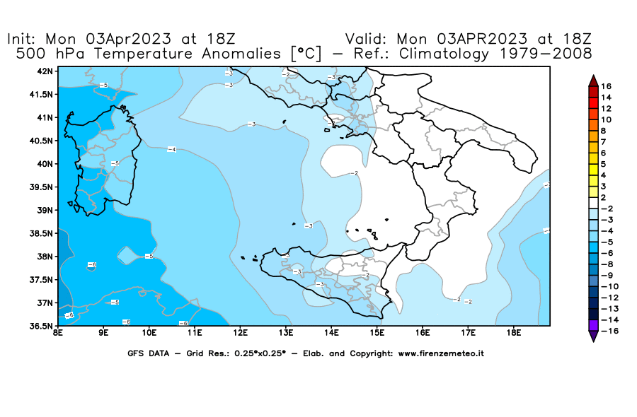 Mappa di analisi GFS - Anomalia Temperatura [°C] a 500 hPa in Sud-Italia
							del 03/04/2023 18 <!--googleoff: index-->UTC<!--googleon: index-->