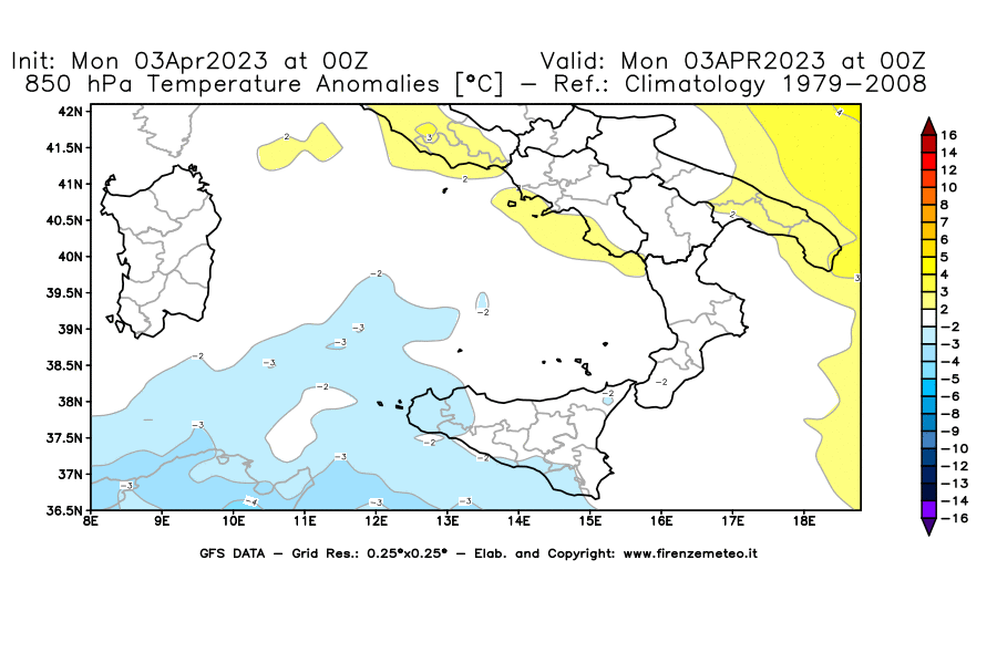 Mappa di analisi GFS - Anomalia Temperatura [°C] a 850 hPa in Sud-Italia
							del 03/04/2023 00 <!--googleoff: index-->UTC<!--googleon: index-->