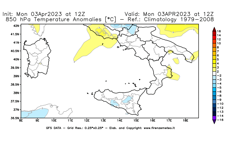 Mappa di analisi GFS - Anomalia Temperatura [°C] a 850 hPa in Sud-Italia
							del 03/04/2023 12 <!--googleoff: index-->UTC<!--googleon: index-->