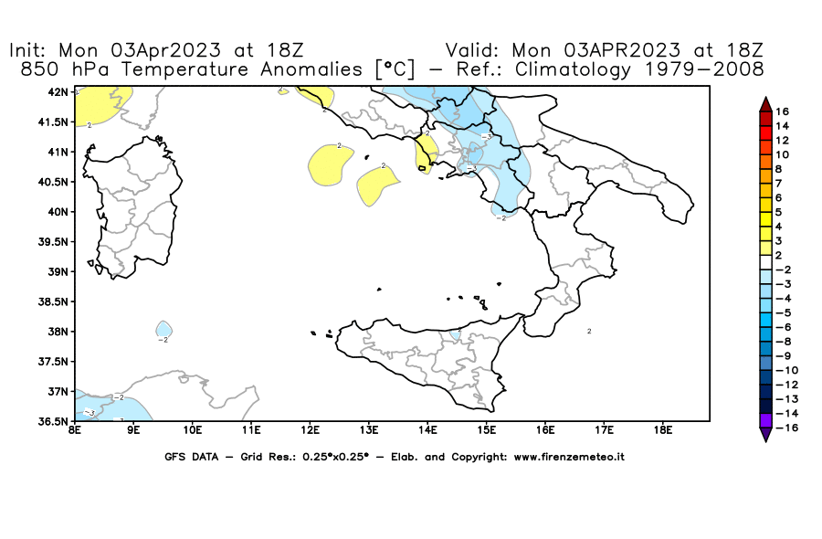 Mappa di analisi GFS - Anomalia Temperatura [°C] a 850 hPa in Sud-Italia
							del 03/04/2023 18 <!--googleoff: index-->UTC<!--googleon: index-->