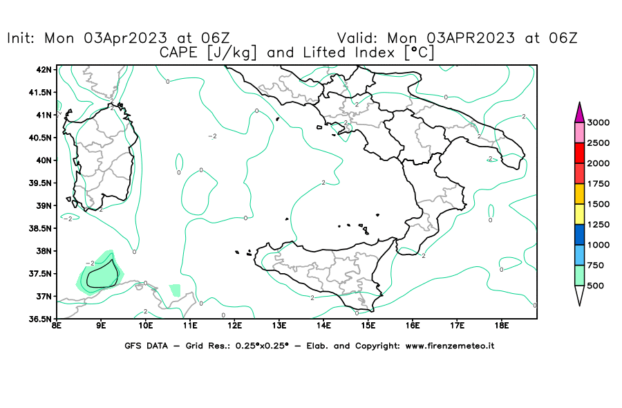Mappa di analisi GFS - CAPE [J/kg] e Lifted Index [°C] in Sud-Italia
							del 03/04/2023 06 <!--googleoff: index-->UTC<!--googleon: index-->