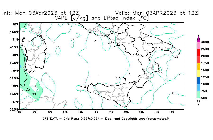 Mappa di analisi GFS - CAPE [J/kg] e Lifted Index [°C] in Sud-Italia
							del 03/04/2023 12 <!--googleoff: index-->UTC<!--googleon: index-->