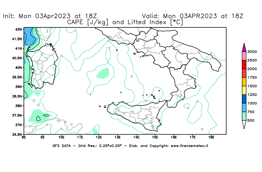 Mappa di analisi GFS - CAPE [J/kg] e Lifted Index [°C] in Sud-Italia
							del 03/04/2023 18 <!--googleoff: index-->UTC<!--googleon: index-->
