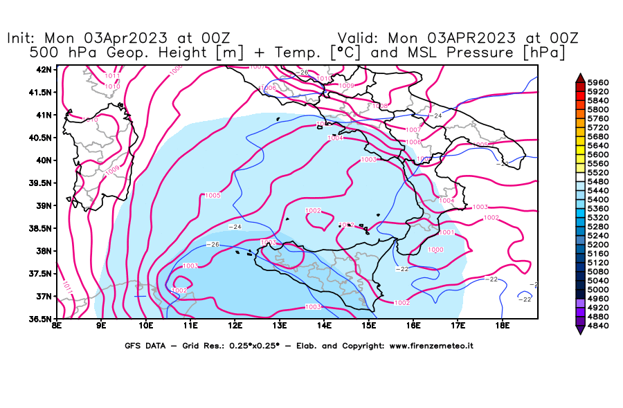 Mappa di analisi GFS - Geopotenziale [m] + Temp. [°C] a 500 hPa + Press. a livello del mare [hPa] in Sud-Italia
							del 03/04/2023 00 <!--googleoff: index-->UTC<!--googleon: index-->