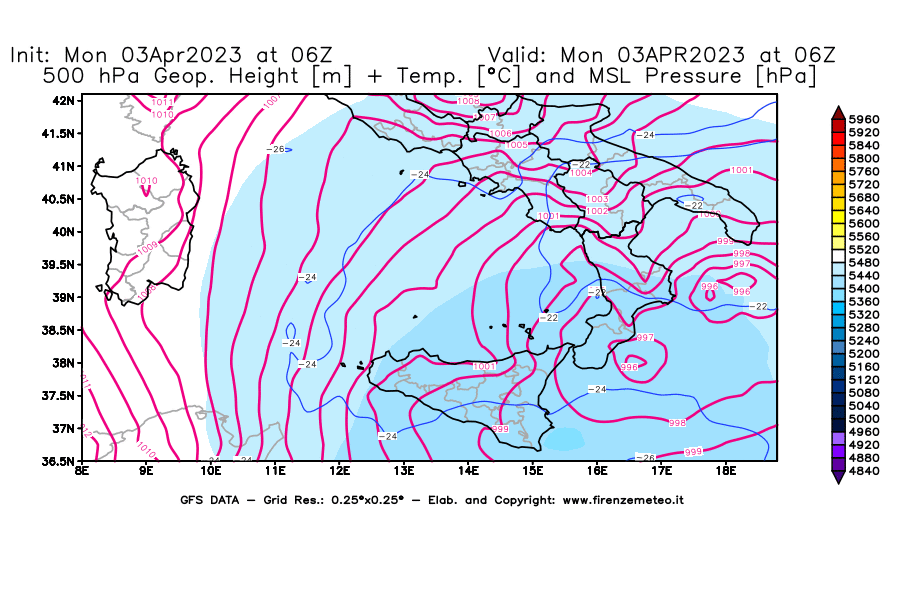 Mappa di analisi GFS - Geopotenziale [m] + Temp. [°C] a 500 hPa + Press. a livello del mare [hPa] in Sud-Italia
							del 03/04/2023 06 <!--googleoff: index-->UTC<!--googleon: index-->