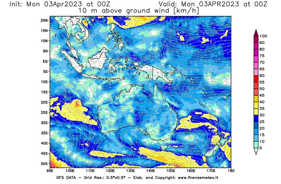 Mappa di analisi GFS - Velocità del vento a 10 metri dal suolo [km/h] in Oceania
							del 03/04/2023 00 <!--googleoff: index-->UTC<!--googleon: index-->