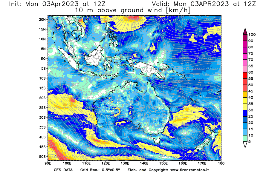 Mappa di analisi GFS - Velocità del vento a 10 metri dal suolo [km/h] in Oceania
							del 03/04/2023 12 <!--googleoff: index-->UTC<!--googleon: index-->
