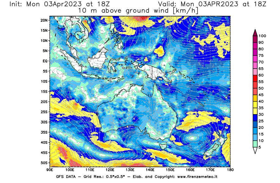 Mappa di analisi GFS - Velocità del vento a 10 metri dal suolo [km/h] in Oceania
							del 03/04/2023 18 <!--googleoff: index-->UTC<!--googleon: index-->