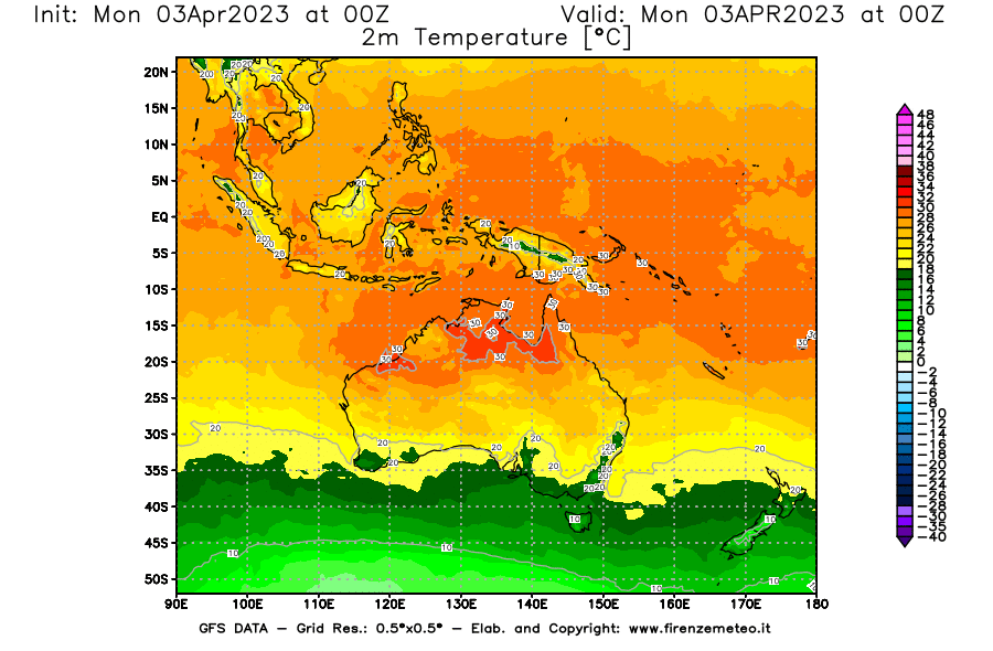 Mappa di analisi GFS - Temperatura a 2 metri dal suolo [°C] in Oceania
							del 03/04/2023 00 <!--googleoff: index-->UTC<!--googleon: index-->