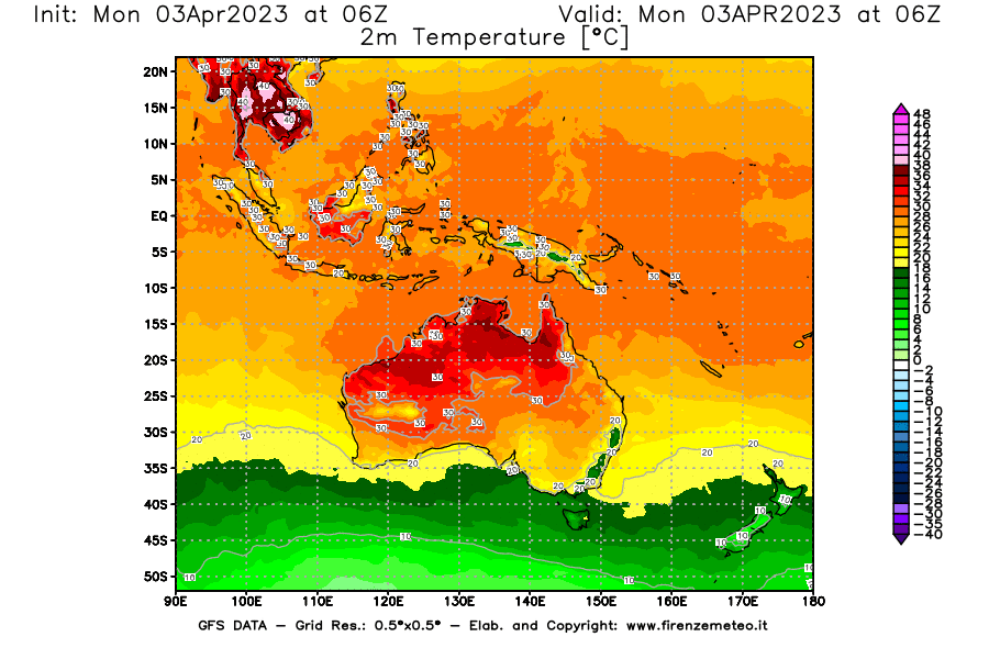 Mappa di analisi GFS - Temperatura a 2 metri dal suolo [°C] in Oceania
							del 03/04/2023 06 <!--googleoff: index-->UTC<!--googleon: index-->