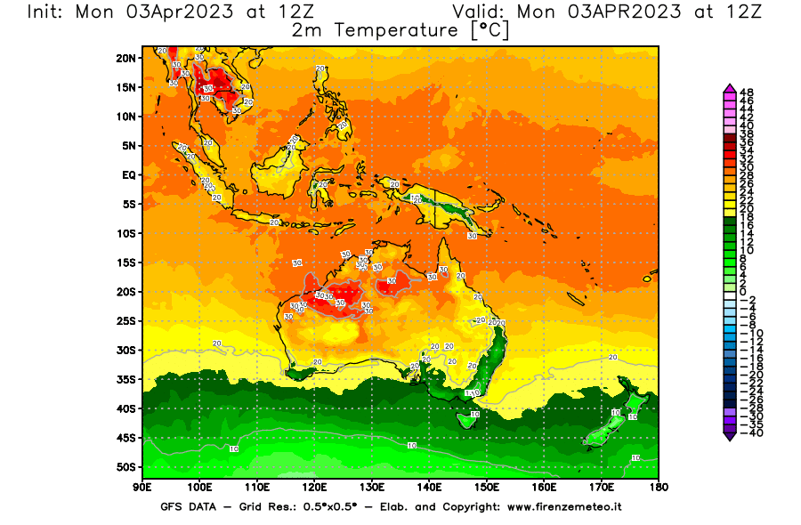 Mappa di analisi GFS - Temperatura a 2 metri dal suolo [°C] in Oceania
							del 03/04/2023 12 <!--googleoff: index-->UTC<!--googleon: index-->