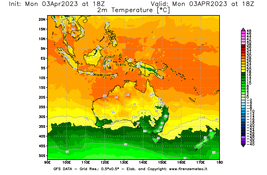 Mappa di analisi GFS - Temperatura a 2 metri dal suolo [°C] in Oceania
							del 03/04/2023 18 <!--googleoff: index-->UTC<!--googleon: index-->