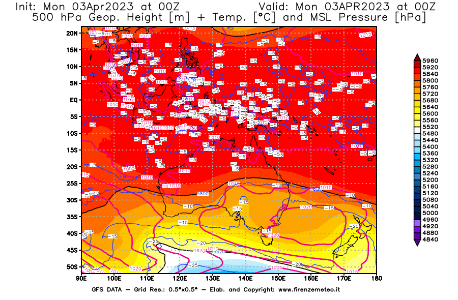 Mappa di analisi GFS - Geopotenziale [m] + Temp. [°C] a 500 hPa + Press. a livello del mare [hPa] in Oceania
							del 03/04/2023 00 <!--googleoff: index-->UTC<!--googleon: index-->