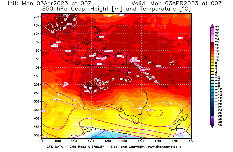 Mappa di analisi GFS - Geopotenziale [m] e Temperatura [°C] a 850 hPa in Oceania
							del 03/04/2023 00 <!--googleoff: index-->UTC<!--googleon: index-->