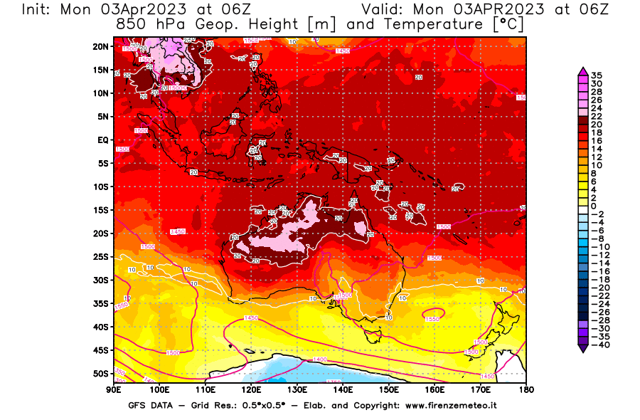 Mappa di analisi GFS - Geopotenziale [m] e Temperatura [°C] a 850 hPa in Oceania
							del 03/04/2023 06 <!--googleoff: index-->UTC<!--googleon: index-->