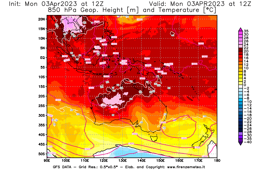 Mappa di analisi GFS - Geopotenziale [m] e Temperatura [°C] a 850 hPa in Oceania
							del 03/04/2023 12 <!--googleoff: index-->UTC<!--googleon: index-->