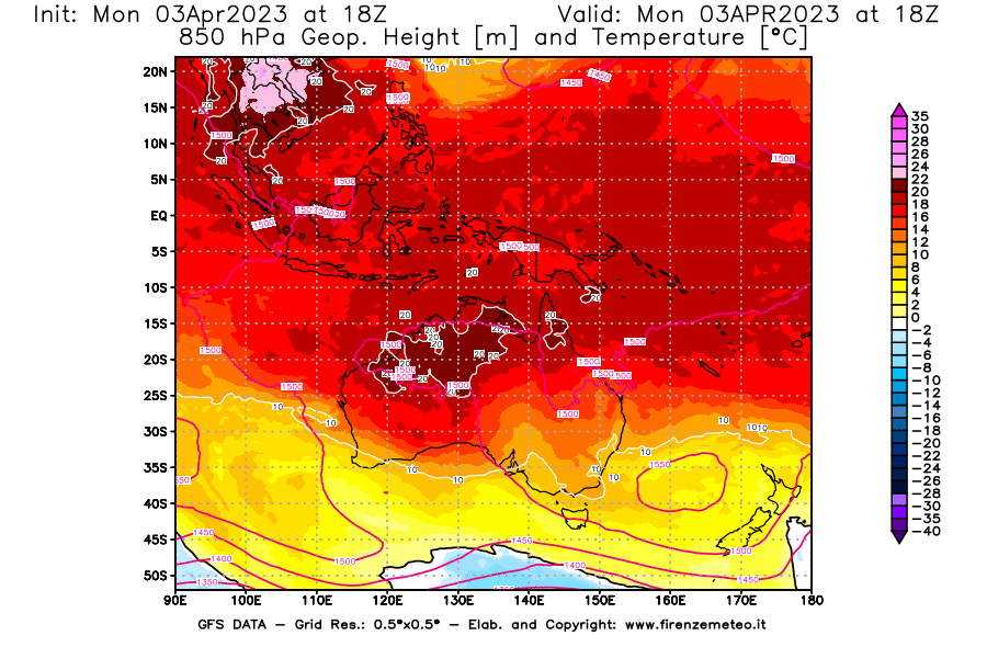 Mappa di analisi GFS - Geopotenziale [m] e Temperatura [°C] a 850 hPa in Oceania
							del 03/04/2023 18 <!--googleoff: index-->UTC<!--googleon: index-->