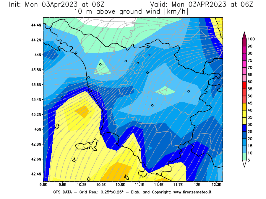 Mappa di analisi GFS - Velocità del vento a 10 metri dal suolo [km/h] in Toscana
							del 03/04/2023 06 <!--googleoff: index-->UTC<!--googleon: index-->