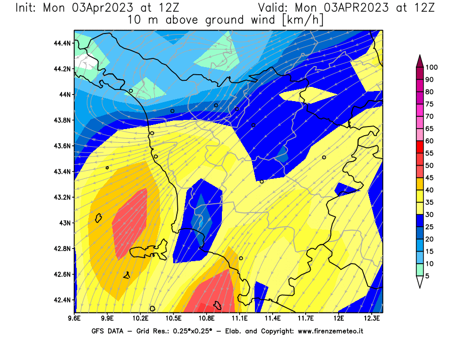 Mappa di analisi GFS - Velocità del vento a 10 metri dal suolo [km/h] in Toscana
							del 03/04/2023 12 <!--googleoff: index-->UTC<!--googleon: index-->