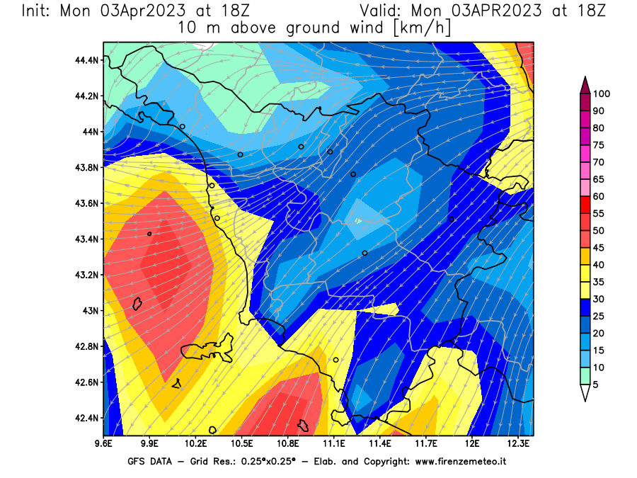 Mappa di analisi GFS - Velocità del vento a 10 metri dal suolo [km/h] in Toscana
							del 03/04/2023 18 <!--googleoff: index-->UTC<!--googleon: index-->