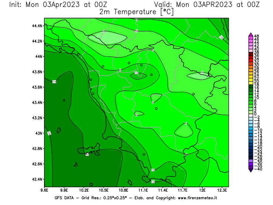 Mappa di analisi GFS - Temperatura a 2 metri dal suolo [°C] in Toscana
							del 03/04/2023 00 <!--googleoff: index-->UTC<!--googleon: index-->