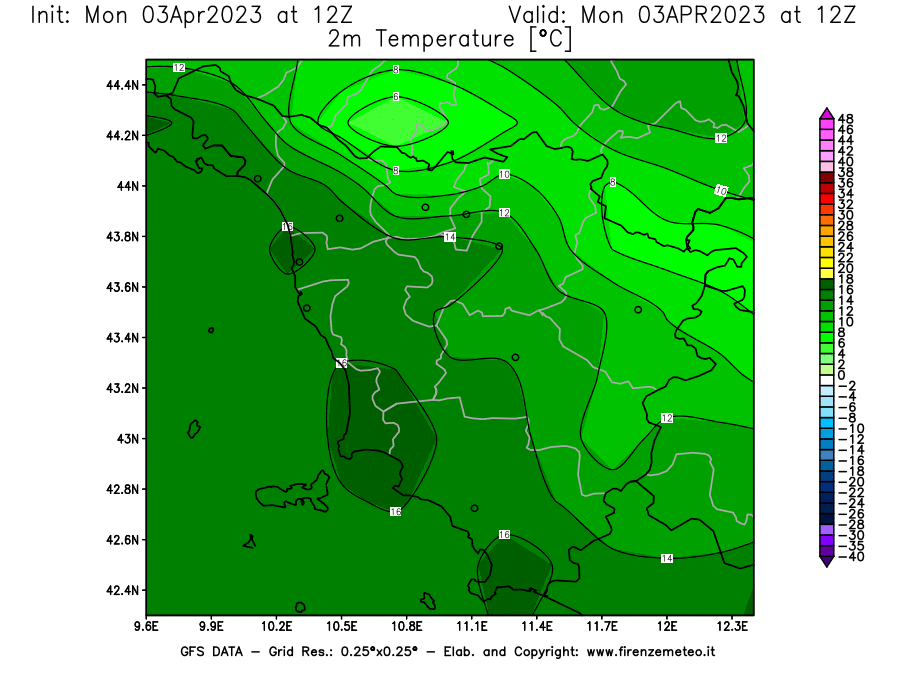 Mappa di analisi GFS - Temperatura a 2 metri dal suolo [°C] in Toscana
							del 03/04/2023 12 <!--googleoff: index-->UTC<!--googleon: index-->