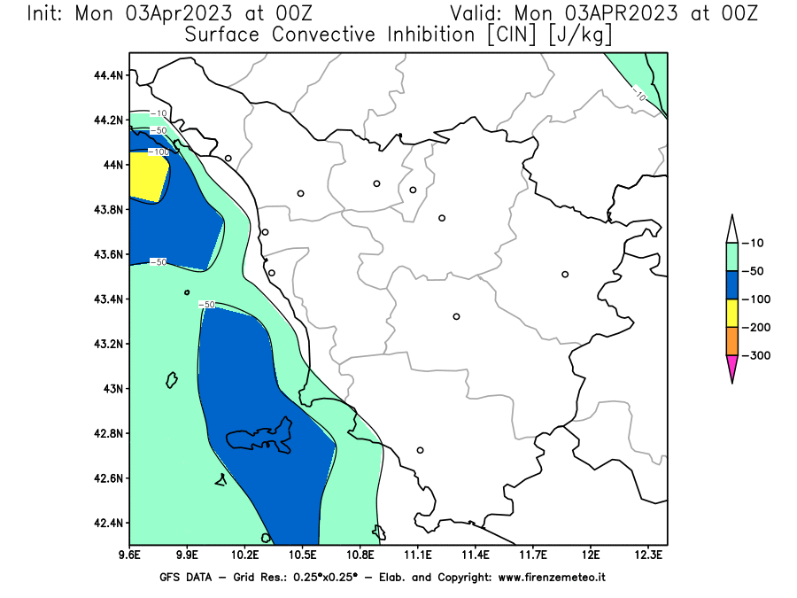Mappa di analisi GFS - CIN [J/kg] in Toscana
							del 03/04/2023 00 <!--googleoff: index-->UTC<!--googleon: index-->