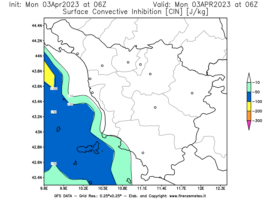 Mappa di analisi GFS - CIN [J/kg] in Toscana
							del 03/04/2023 06 <!--googleoff: index-->UTC<!--googleon: index-->