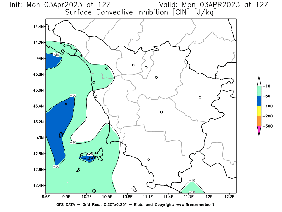 Mappa di analisi GFS - CIN [J/kg] in Toscana
							del 03/04/2023 12 <!--googleoff: index-->UTC<!--googleon: index-->