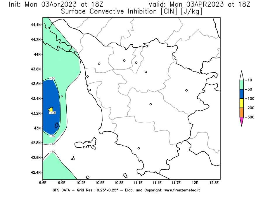 Mappa di analisi GFS - CIN [J/kg] in Toscana
							del 03/04/2023 18 <!--googleoff: index-->UTC<!--googleon: index-->