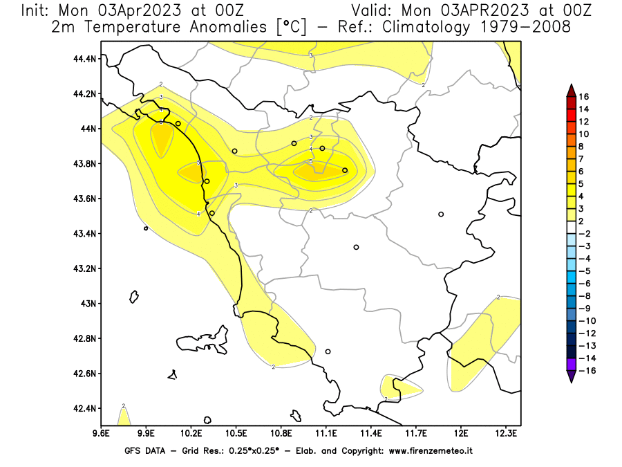 Mappa di analisi GFS - Anomalia Temperatura [°C] a 2 m in Toscana
							del 03/04/2023 00 <!--googleoff: index-->UTC<!--googleon: index-->