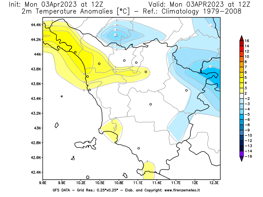 Mappa di analisi GFS - Anomalia Temperatura [°C] a 2 m in Toscana
							del 03/04/2023 12 <!--googleoff: index-->UTC<!--googleon: index-->