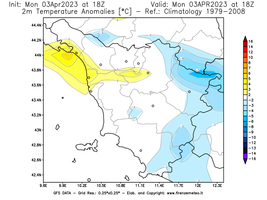 Mappa di analisi GFS - Anomalia Temperatura [°C] a 2 m in Toscana
							del 03/04/2023 18 <!--googleoff: index-->UTC<!--googleon: index-->