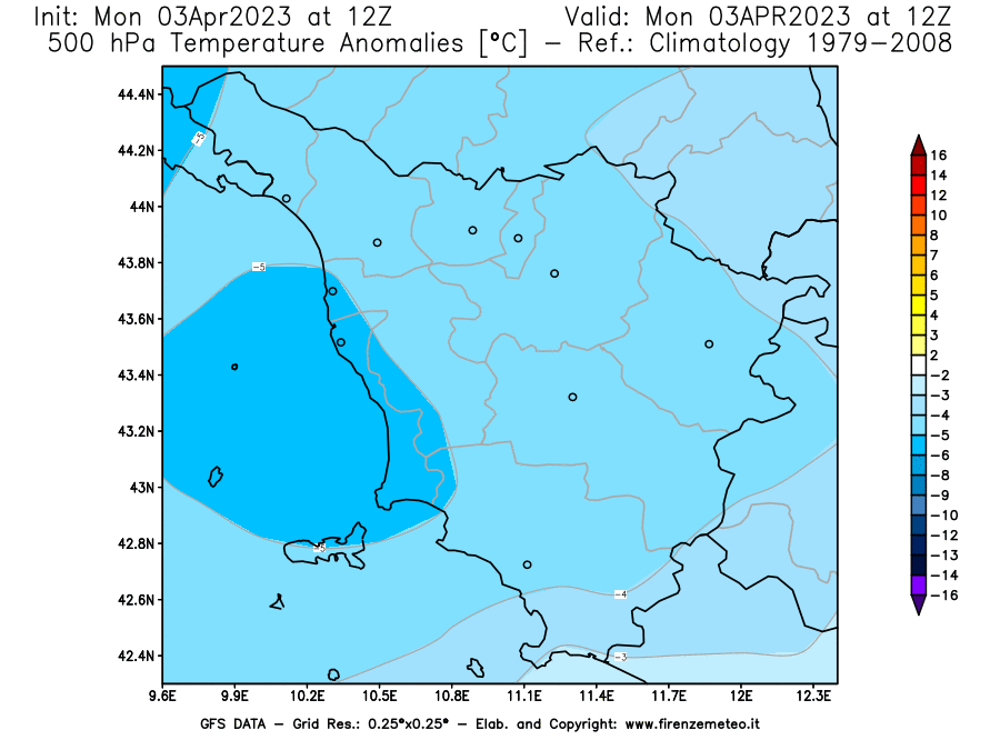 Mappa di analisi GFS - Anomalia Temperatura [°C] a 500 hPa in Toscana
							del 03/04/2023 12 <!--googleoff: index-->UTC<!--googleon: index-->