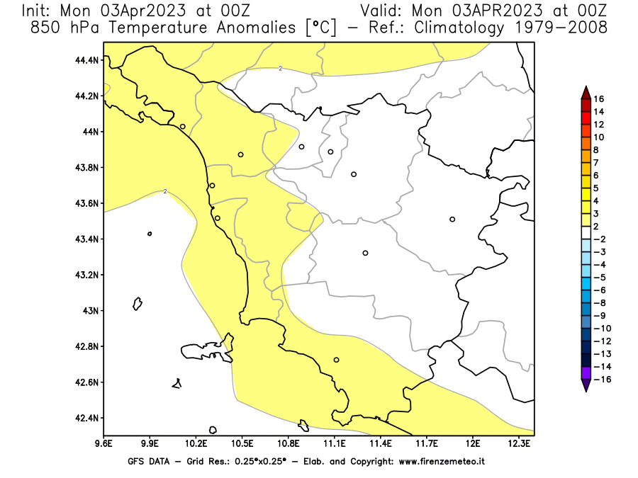 Mappa di analisi GFS - Anomalia Temperatura [°C] a 850 hPa in Toscana
							del 03/04/2023 00 <!--googleoff: index-->UTC<!--googleon: index-->