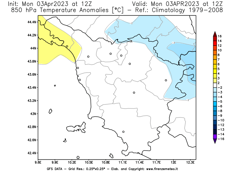 Mappa di analisi GFS - Anomalia Temperatura [°C] a 850 hPa in Toscana
							del 03/04/2023 12 <!--googleoff: index-->UTC<!--googleon: index-->