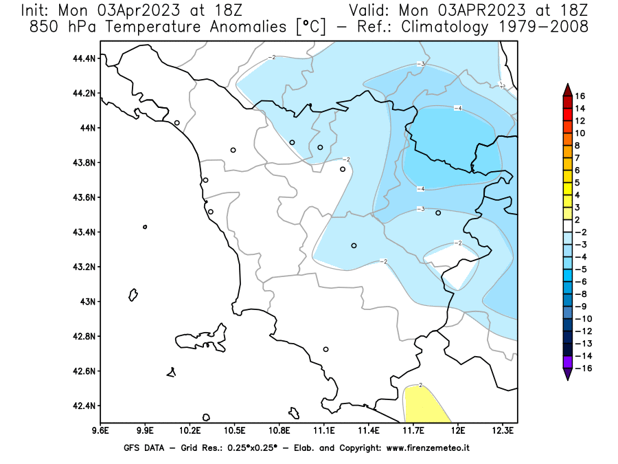 Mappa di analisi GFS - Anomalia Temperatura [°C] a 850 hPa in Toscana
							del 03/04/2023 18 <!--googleoff: index-->UTC<!--googleon: index-->