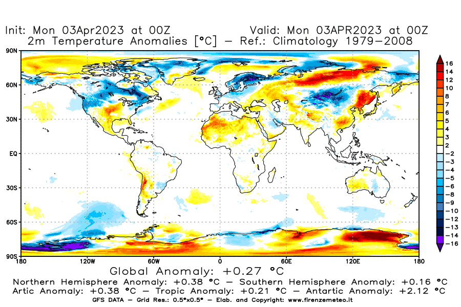 Mappa di analisi GFS - Anomalia Temperatura [°C] a 2 m in World
							del 03/04/2023 00 <!--googleoff: index-->UTC<!--googleon: index-->