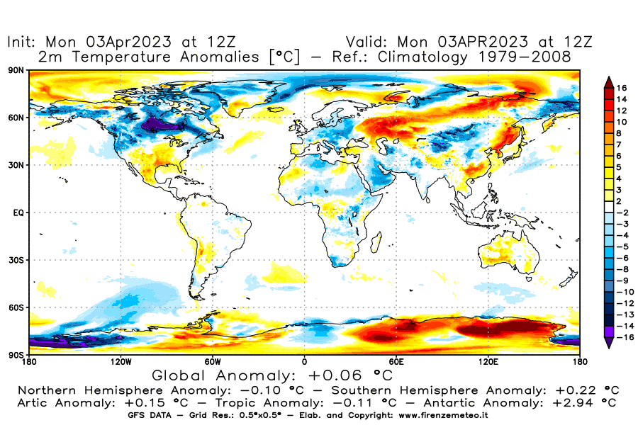 Mappa di analisi GFS - Anomalia Temperatura [°C] a 2 m in World
							del 03/04/2023 12 <!--googleoff: index-->UTC<!--googleon: index-->