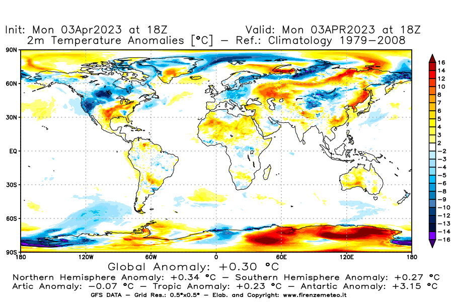 Mappa di analisi GFS - Anomalia Temperatura [°C] a 2 m in World
							del 03/04/2023 18 <!--googleoff: index-->UTC<!--googleon: index-->