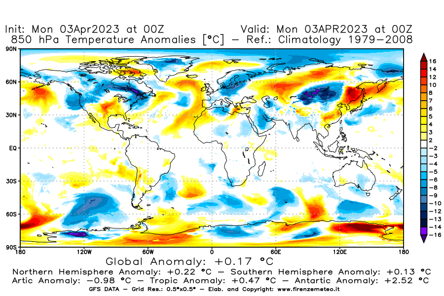 Mappa di analisi GFS - Anomalia Temperatura [°C] a 850 hPa in World
							del 03/04/2023 00 <!--googleoff: index-->UTC<!--googleon: index-->