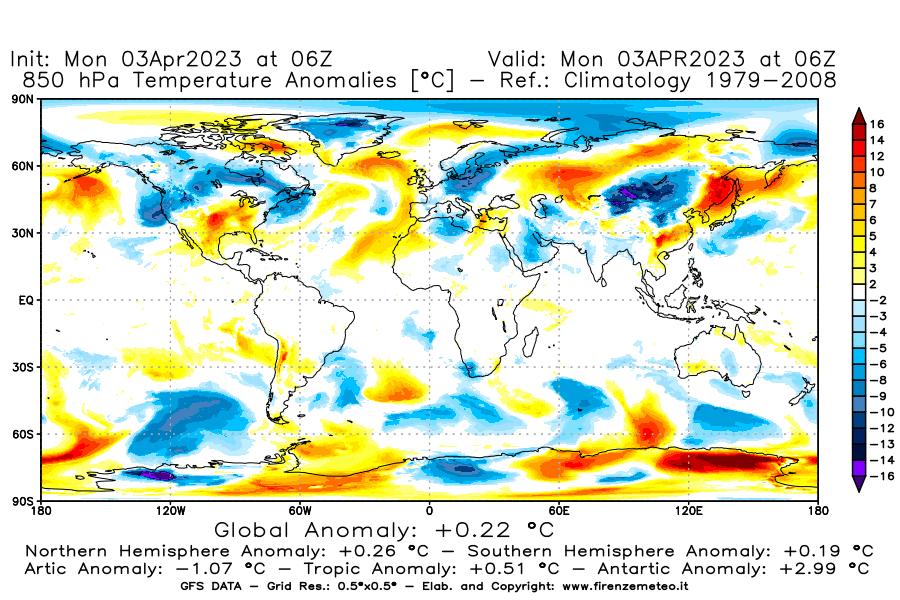 Mappa di analisi GFS - Anomalia Temperatura [°C] a 850 hPa in World
							del 03/04/2023 06 <!--googleoff: index-->UTC<!--googleon: index-->