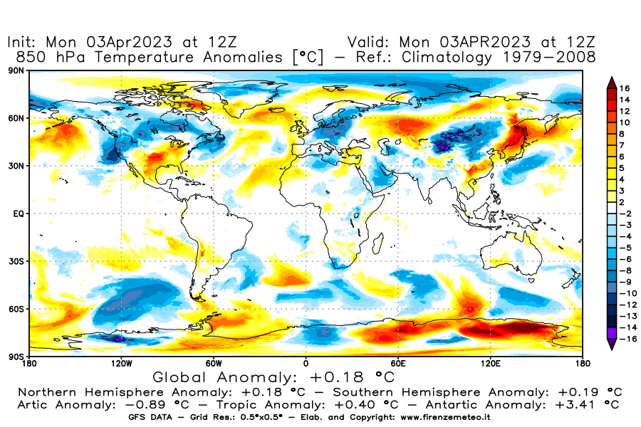Mappa di analisi GFS - Anomalia Temperatura [°C] a 850 hPa in World
							del 03/04/2023 12 <!--googleoff: index-->UTC<!--googleon: index-->